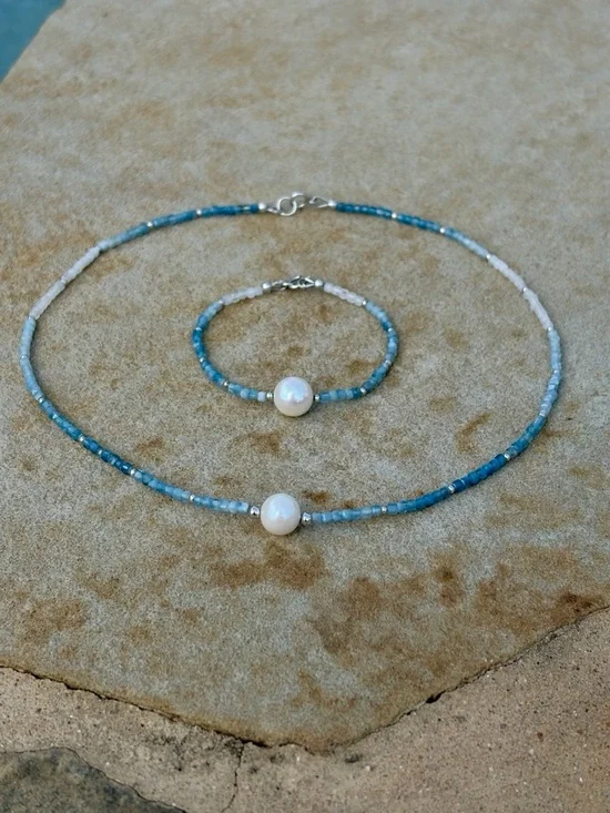 Handmade “Ocean Light” Aquamarine & Pearl Necklace Bracelet Set - Picture 1 of 6